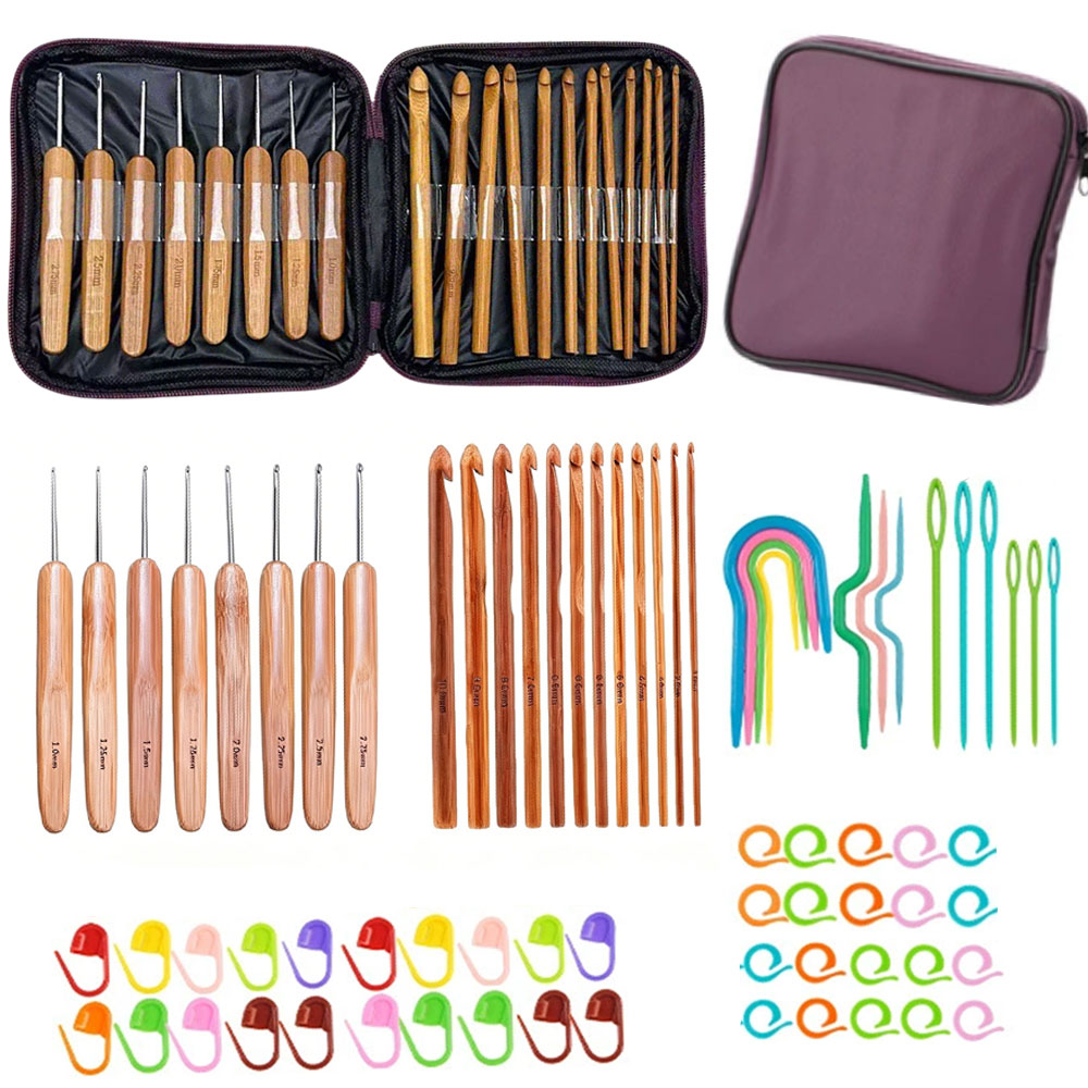 Tool Set - ชุดเข็มโครเชต์ไม้ไผ่ 74 ชิ้น พร้อมอุปกรณ์ถักไหมพรม เย็บปักถักร้อย พร้อมกระเป๋าเก็บแบบพกพา